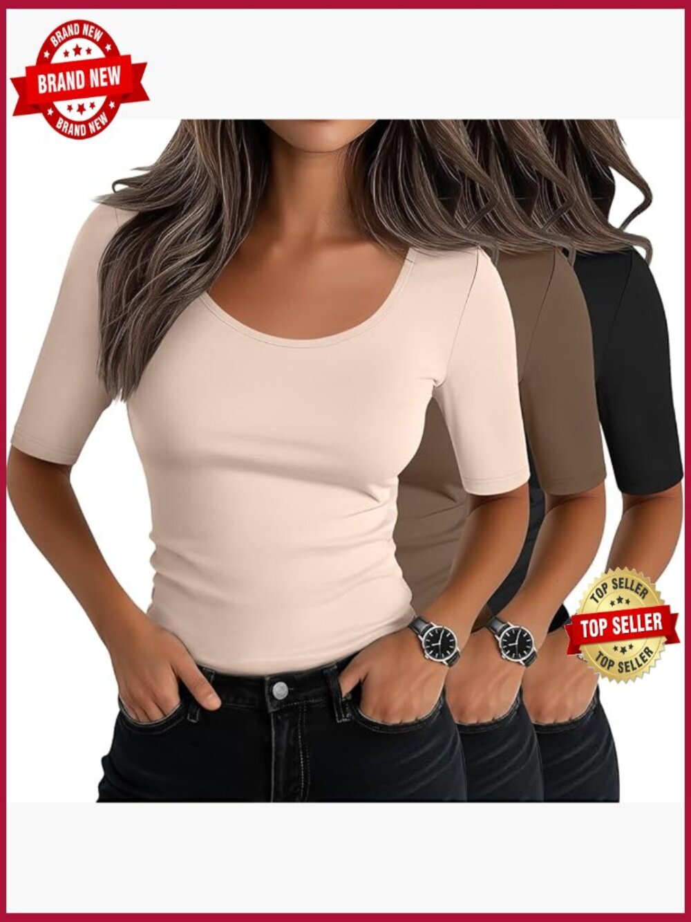 3 Pack Women's Scoop Neck Half Sleeve Slim Fitted T-Shirts Basic Tees
